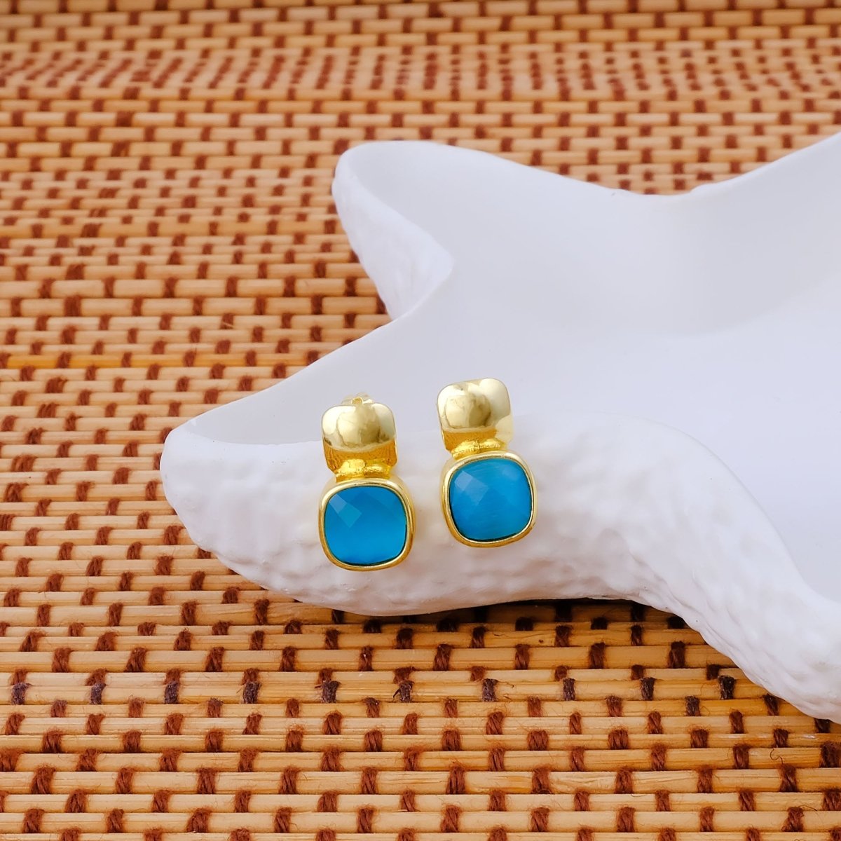 Blue Chalcedony Gemstone Cushion Shape Stud Earrings, Gold Plated Jewelry CE - 1033