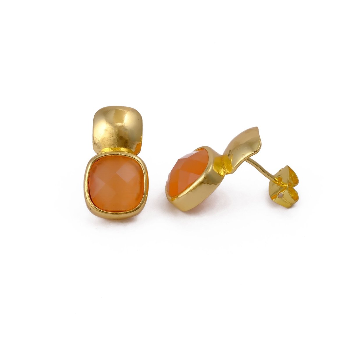Blue Chalcedony Gemstone Cushion Shape Stud Earrings, Gold Plated Jewelry CE - 1033