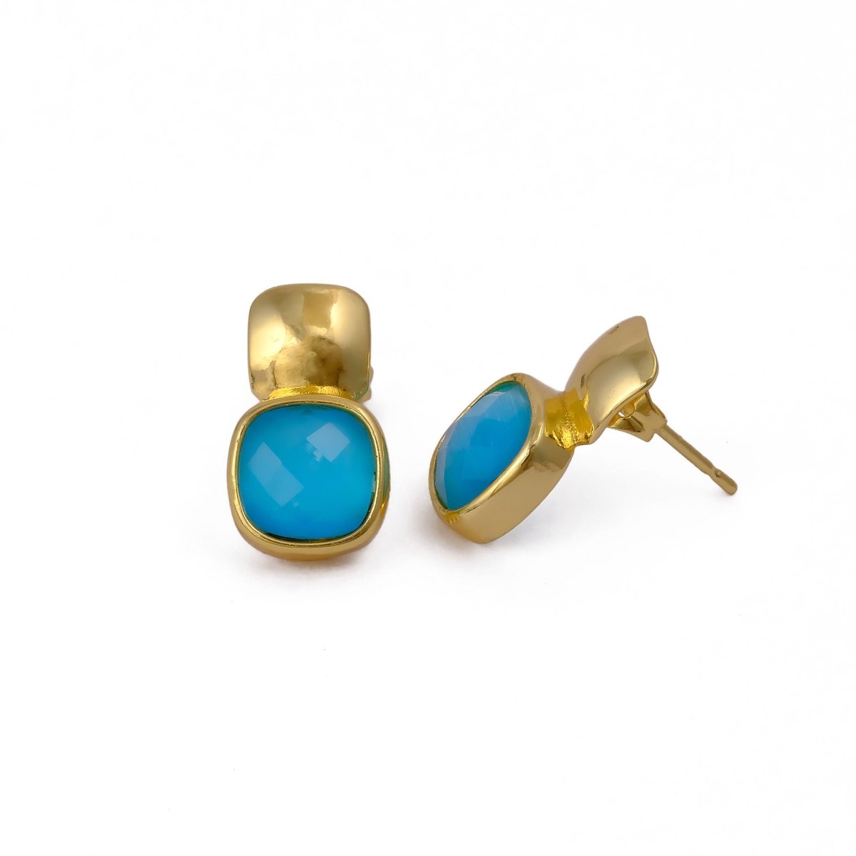Blue Chalcedony Gemstone Cushion Shape Stud Earrings, Gold Plated Jewelry CE - 1033