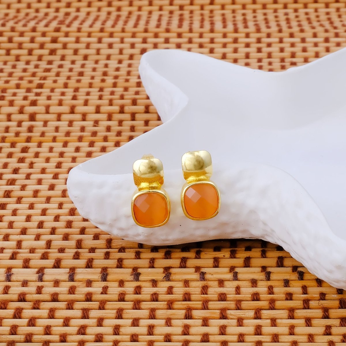 Blue Chalcedony Gemstone Cushion Shape Stud Earrings, Gold Plated Jewelry CE - 1033