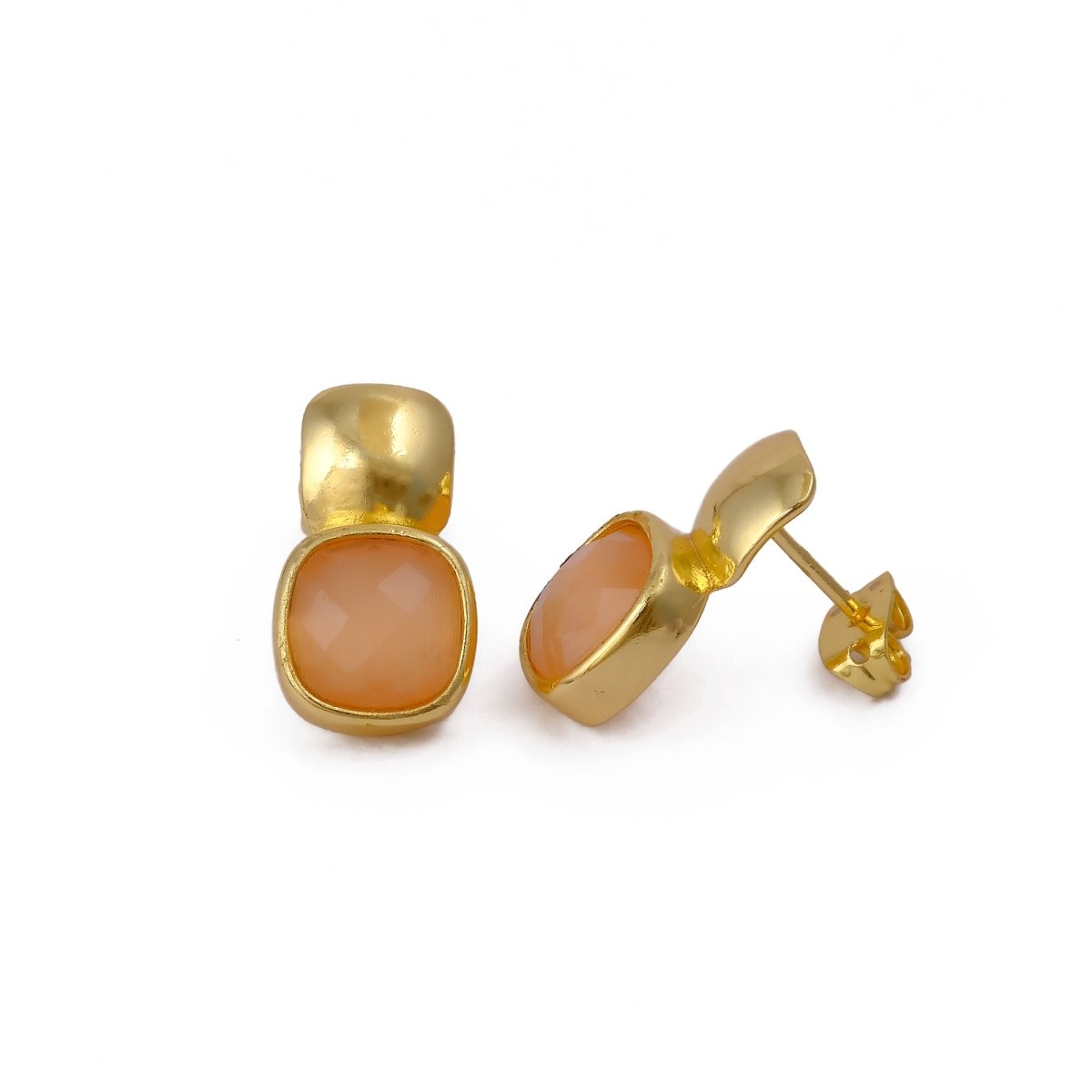 Blue Chalcedony Gemstone Cushion Shape Stud Earrings, Gold Plated Jewelry CE - 1033