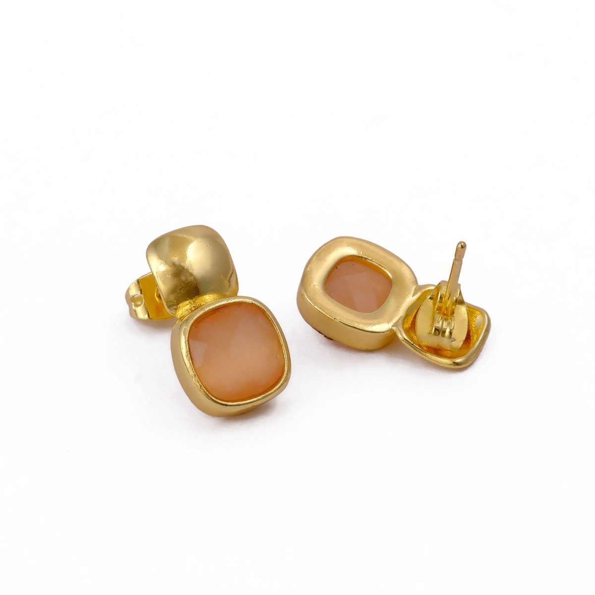 Blue Chalcedony Gemstone Cushion Shape Stud Earrings, Gold Plated Jewelry CE - 1033