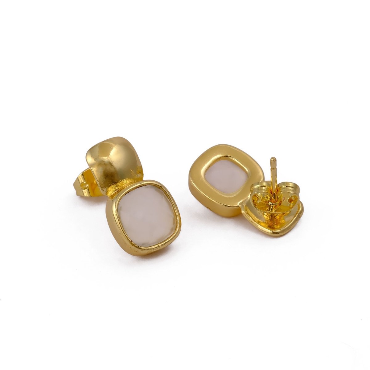 Blue Chalcedony Gemstone Cushion Shape Stud Earrings, Gold Plated Jewelry CE - 1033