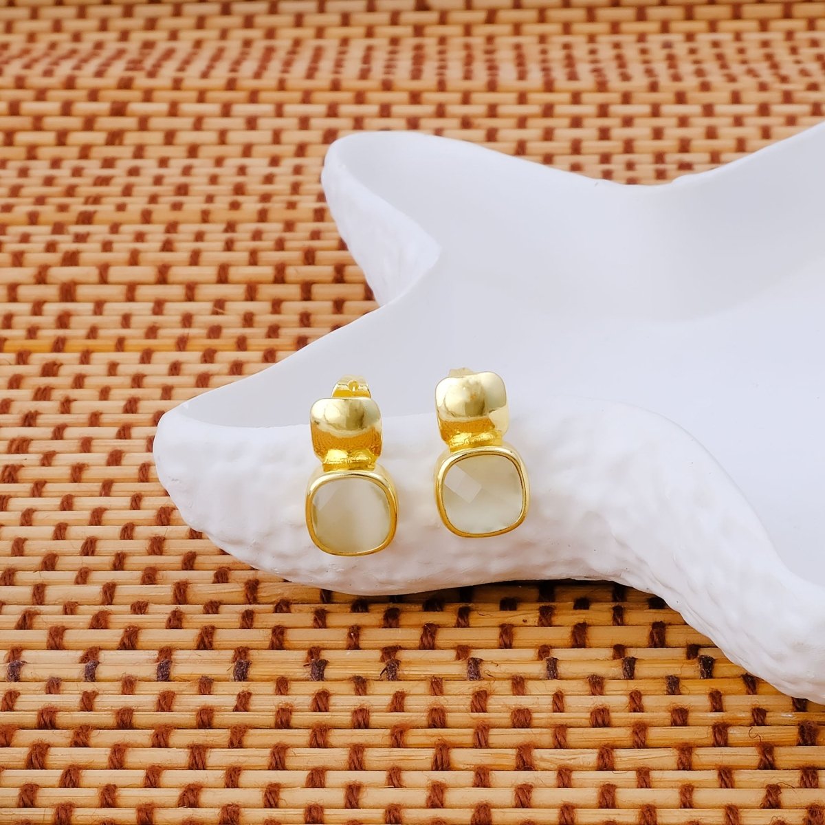 Blue Chalcedony Gemstone Cushion Shape Stud Earrings, Gold Plated Jewelry CE - 1033