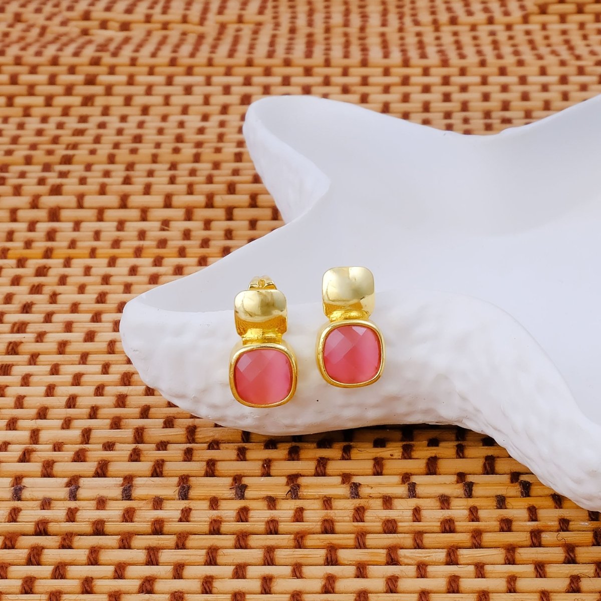 Blue Chalcedony Gemstone Cushion Shape Stud Earrings, Gold Plated Jewelry CE - 1033