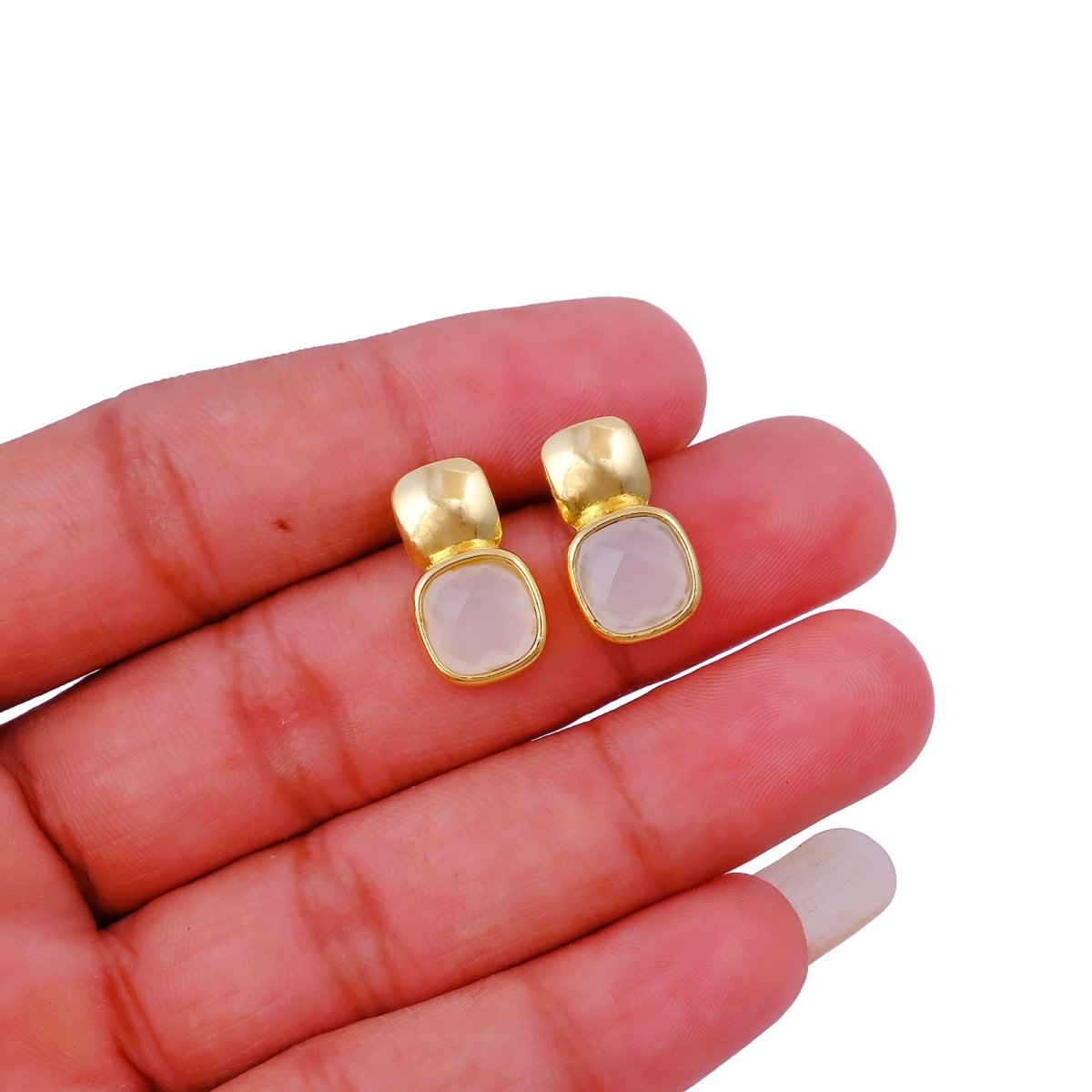 Blue Chalcedony Gemstone Cushion Shape Stud Earrings, Gold Plated Jewelry CE - 1033