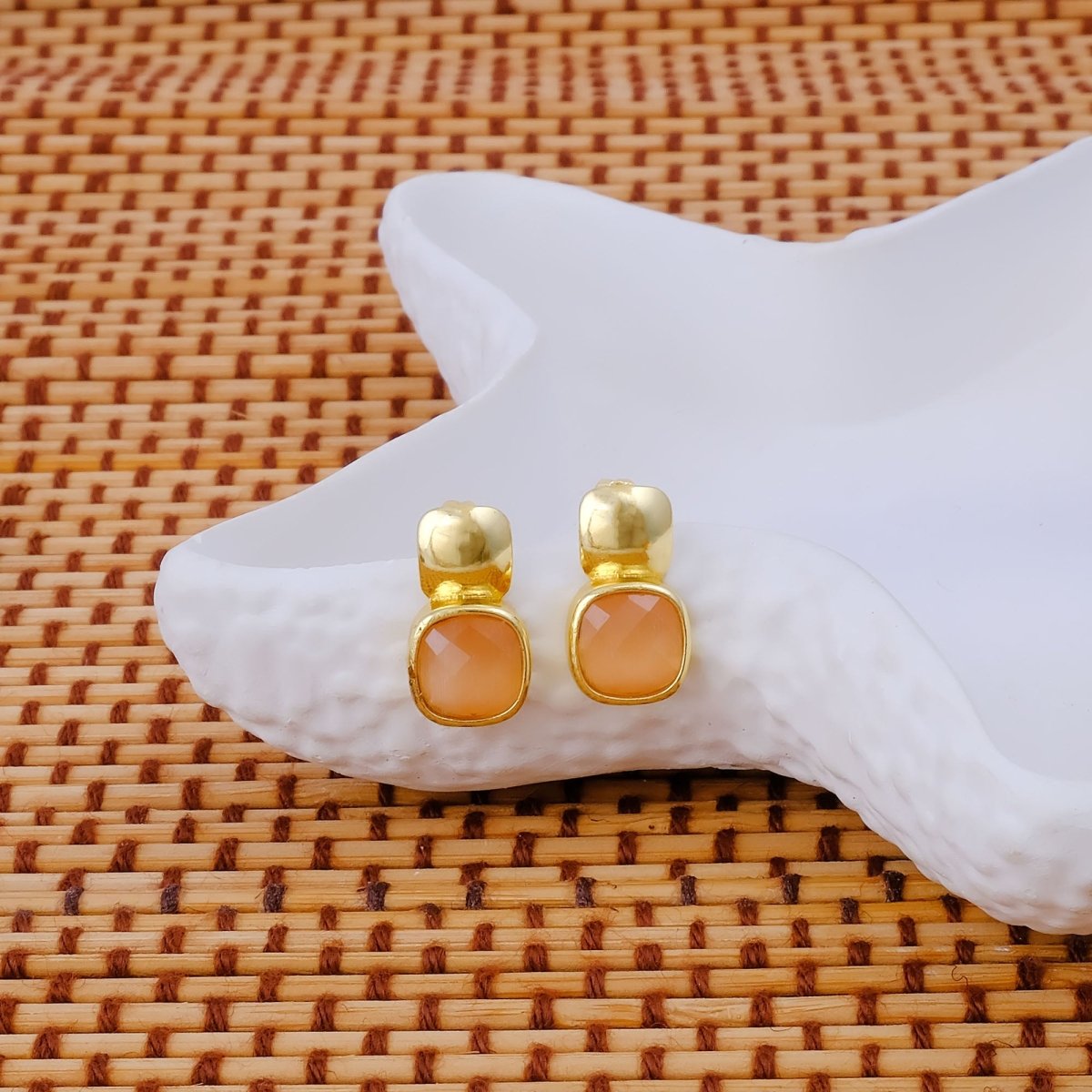 Blue Chalcedony Gemstone Cushion Shape Stud Earrings, Gold Plated Jewelry CE - 1033
