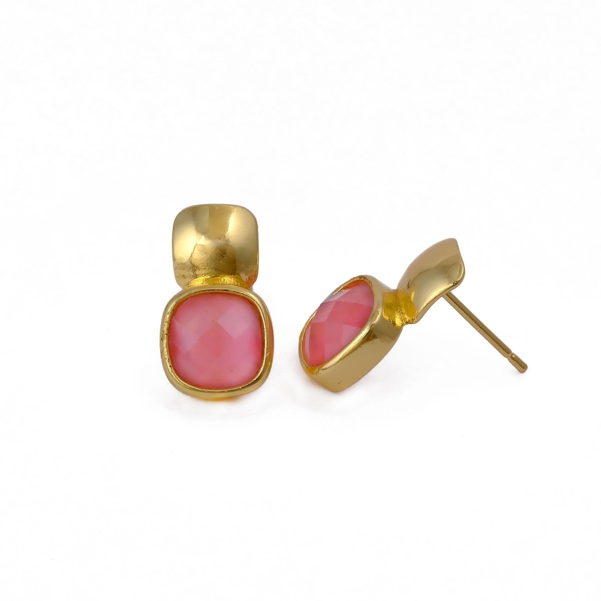 Blue Chalcedony Gemstone Cushion Shape Stud Earrings, Gold Plated Jewelry CE - 1033