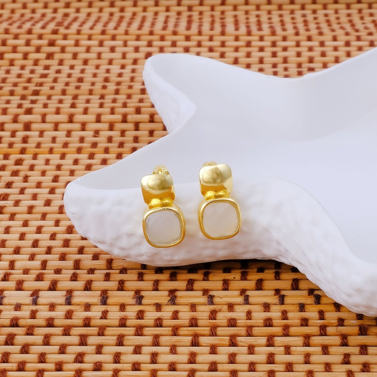 Blue Chalcedony Gemstone Cushion Shape Stud Earrings, Gold Plated Jewelry CE - 1033