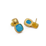 Blue Chalcedony Gemstone Cushion Shape Stud Earrings, Gold Plated Jewelry CE - 1033