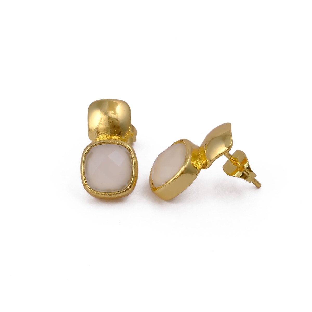 Blue Chalcedony Gemstone Cushion Shape Stud Earrings, Gold Plated Jewelry CE - 1033