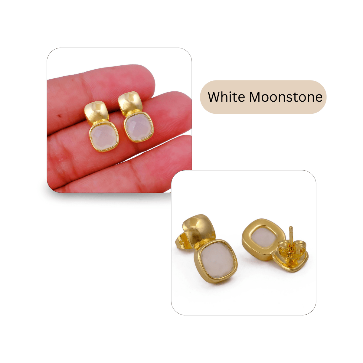 Blue Chalcedony Gemstone Cushion Shape Stud Earrings, Gold Plated Jewelry CE - 1033