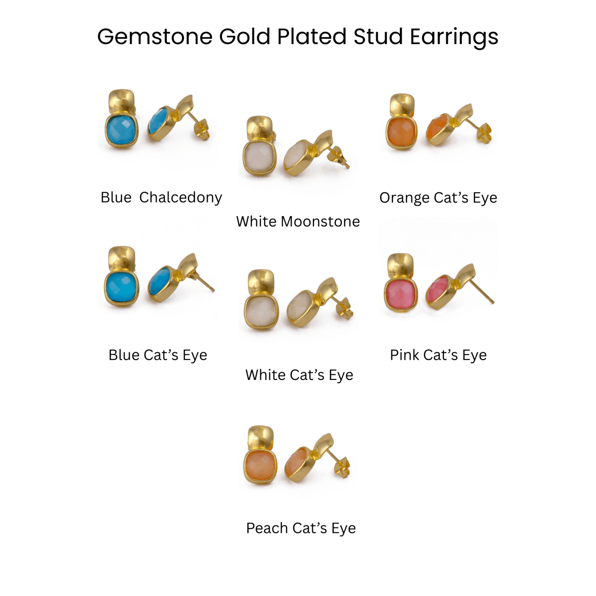 Blue Chalcedony Gemstone Cushion Shape Stud Earrings, Gold Plated Jewelry CE - 1033