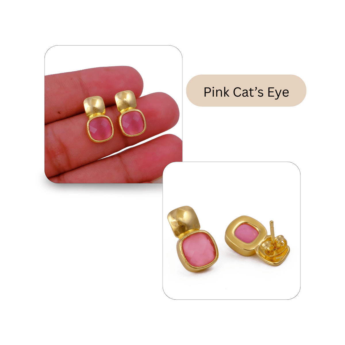 Blue Chalcedony Gemstone Cushion Shape Stud Earrings, Gold Plated Jewelry CE - 1033