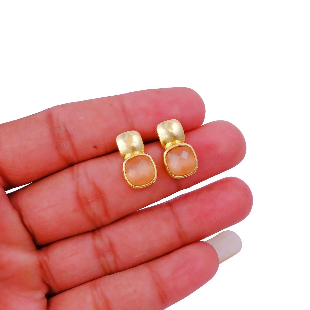 Blue Chalcedony Gemstone Cushion Shape Stud Earrings, Gold Plated Jewelry CE - 1033