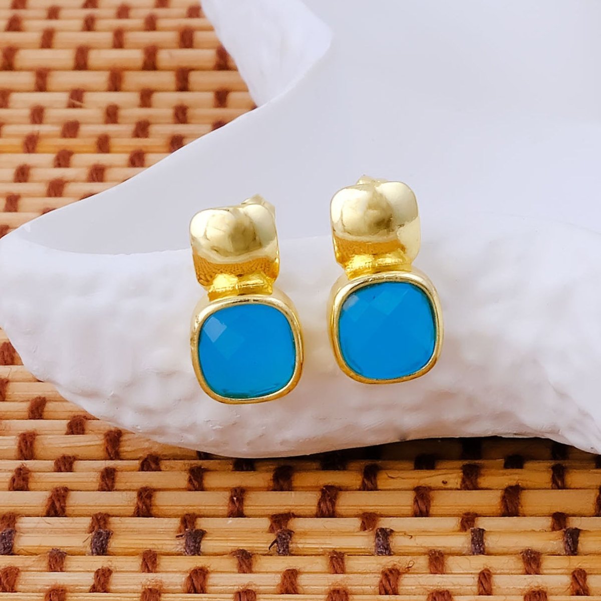 Blue Chalcedony Gemstone Cushion Shape Stud Earrings, Gold Plated Jewelry CE - 1033