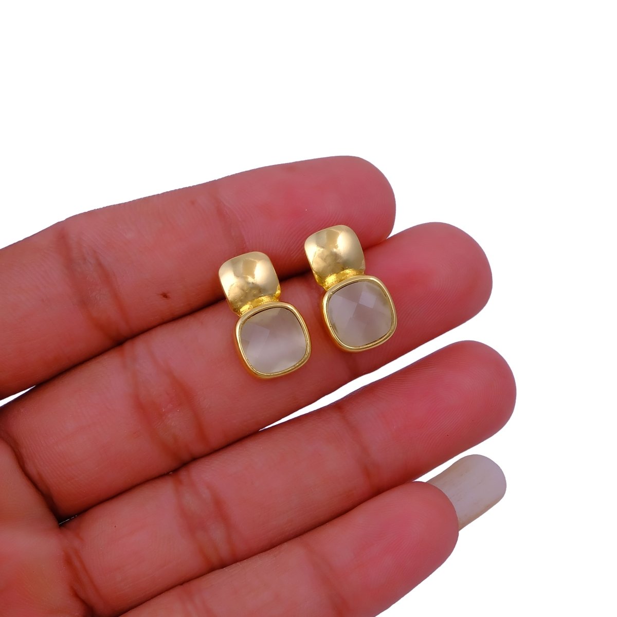Blue Chalcedony Gemstone Cushion Shape Stud Earrings, Gold Plated Jewelry CE - 1033