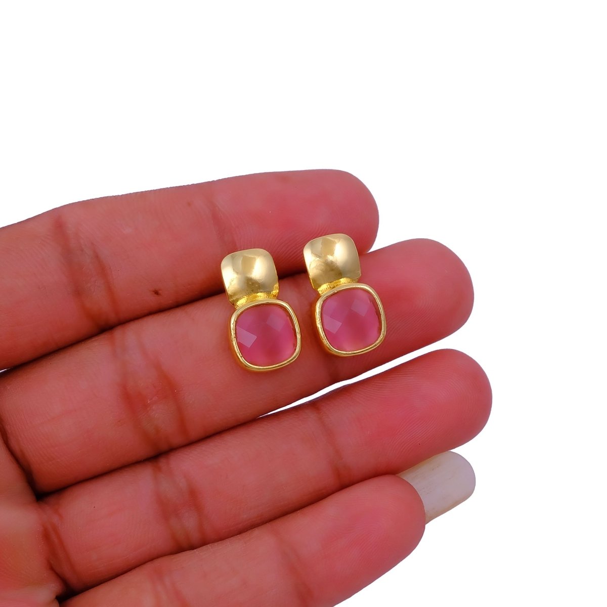 Blue Chalcedony Gemstone Cushion Shape Stud Earrings, Gold Plated Jewelry CE - 1033