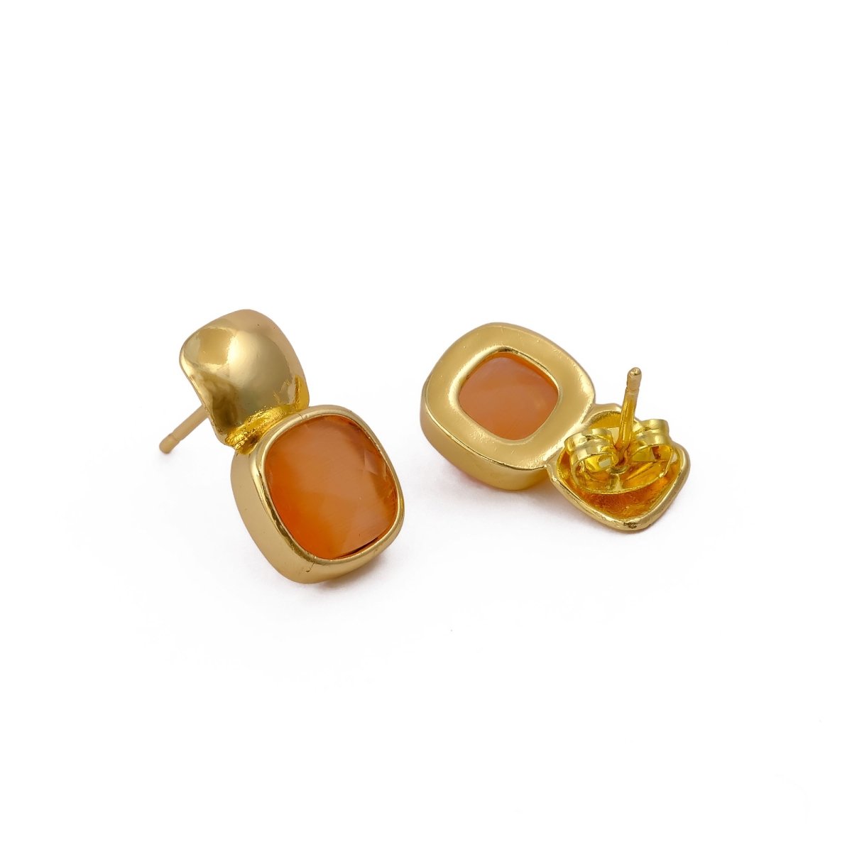 Blue Chalcedony Gemstone Cushion Shape Stud Earrings, Gold Plated Jewelry CE - 1033
