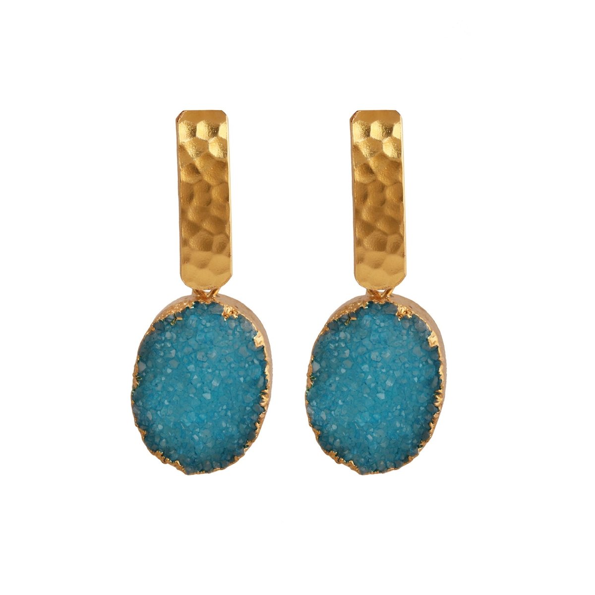 Blue Druzy Gemstone Hammered Gold Plated Drop Earrings 5072