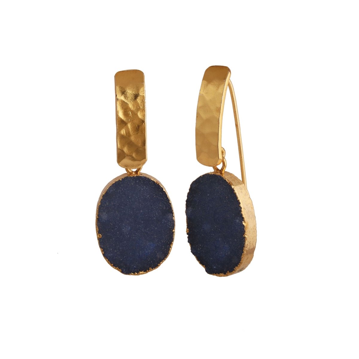 Blue Druzy Gemstone Hammered Gold Plated Drop Earrings 5072