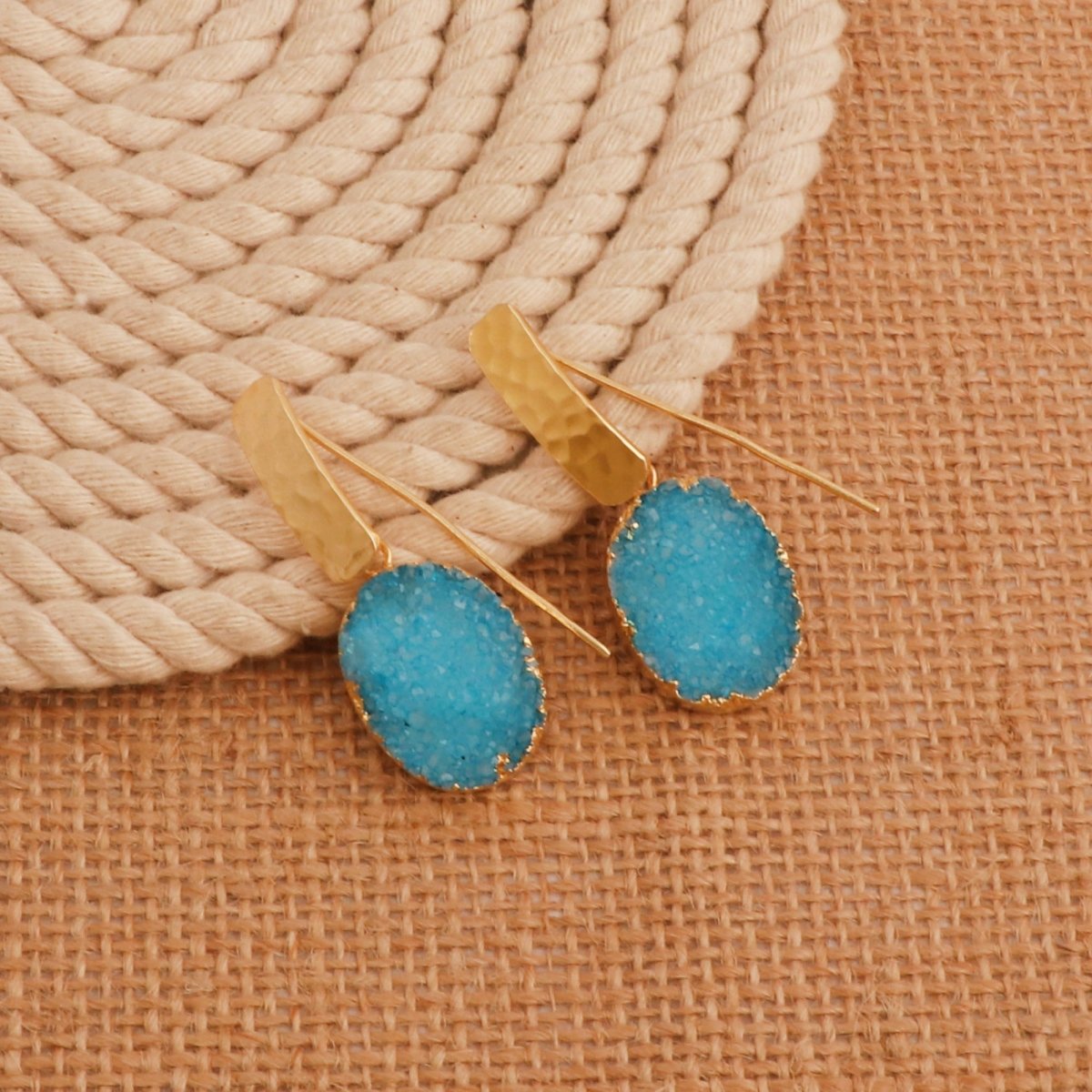 Blue Druzy Gemstone Hammered Gold Plated Drop Earrings 5072