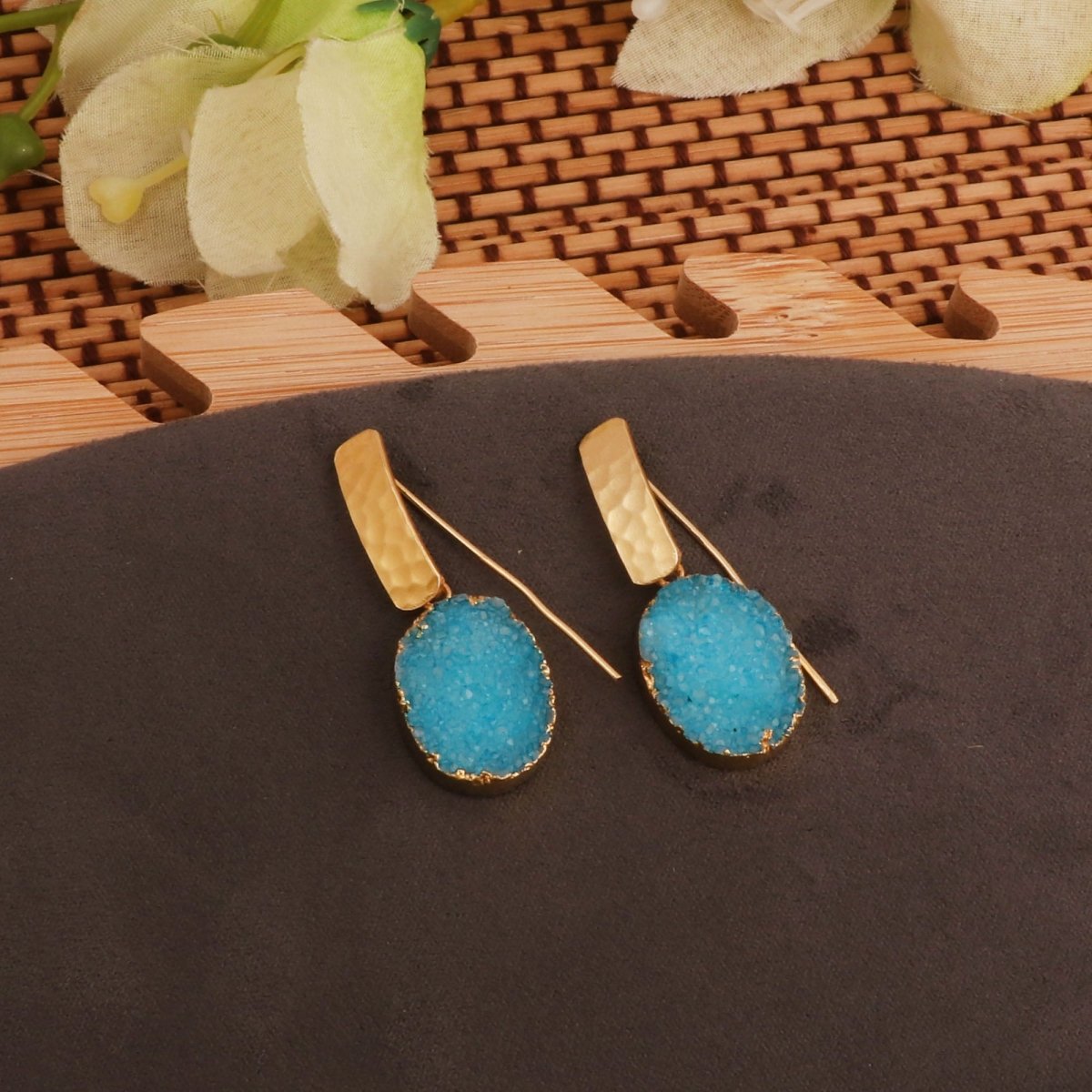 Blue Druzy Gemstone Hammered Gold Plated Drop Earrings 5072