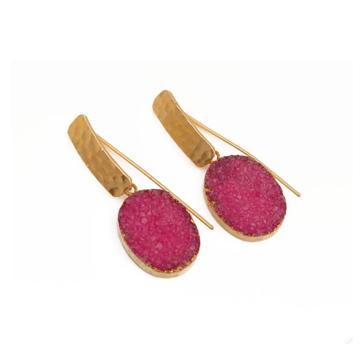 Blue Druzy Gemstone Hammered Gold Plated Drop Earrings 5072
