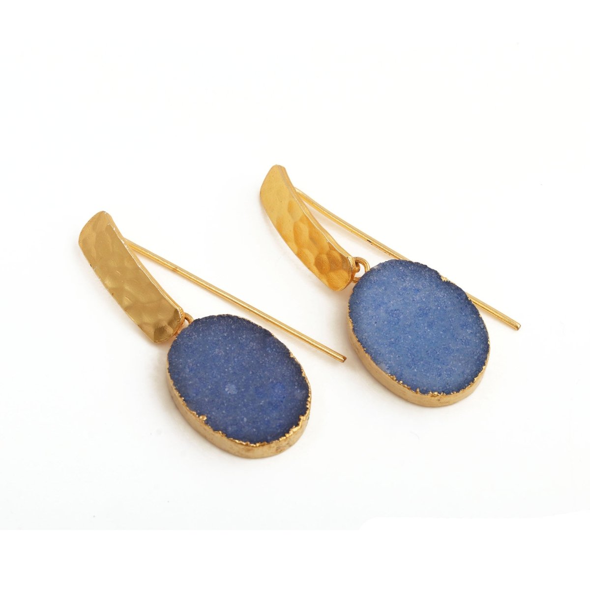 Blue Druzy Gemstone Hammered Gold Plated Drop Earrings 5072
