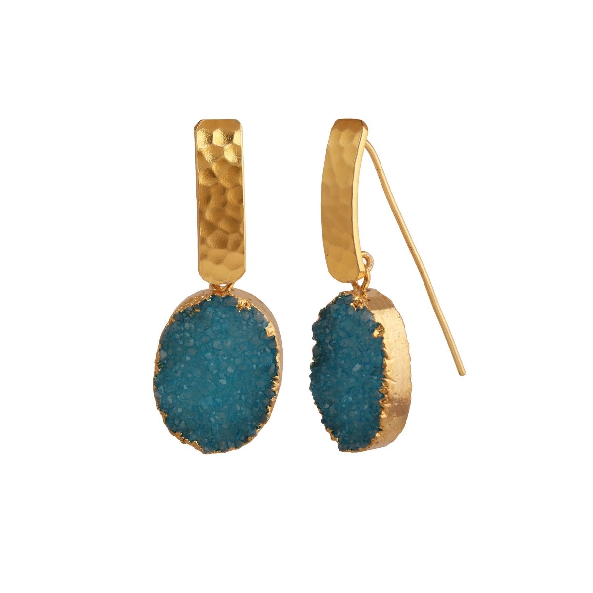 Blue Druzy Gemstone Hammered Gold Plated Drop Earrings 5072