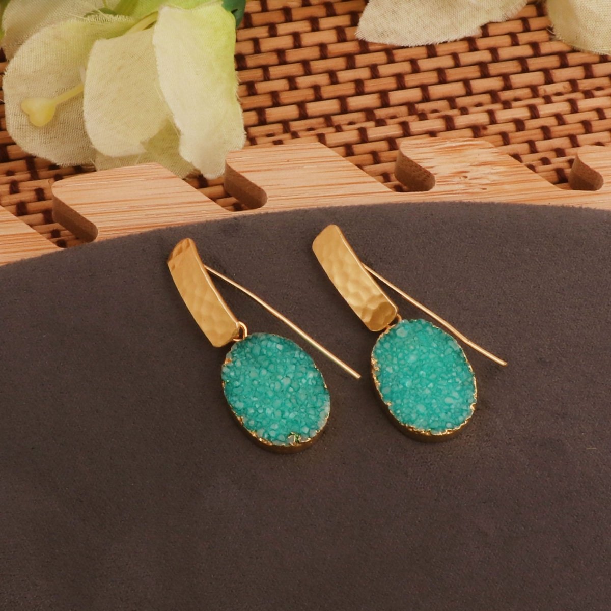 Blue Druzy Gemstone Hammered Gold Plated Drop Earrings 5072