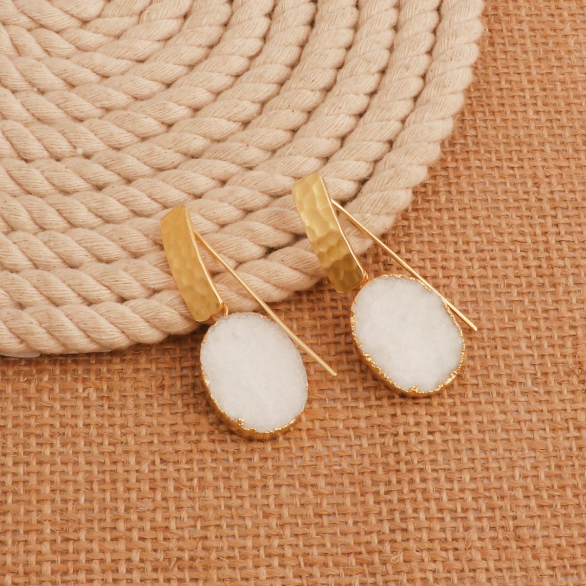 Blue Druzy Gemstone Hammered Gold Plated Drop Earrings 5072