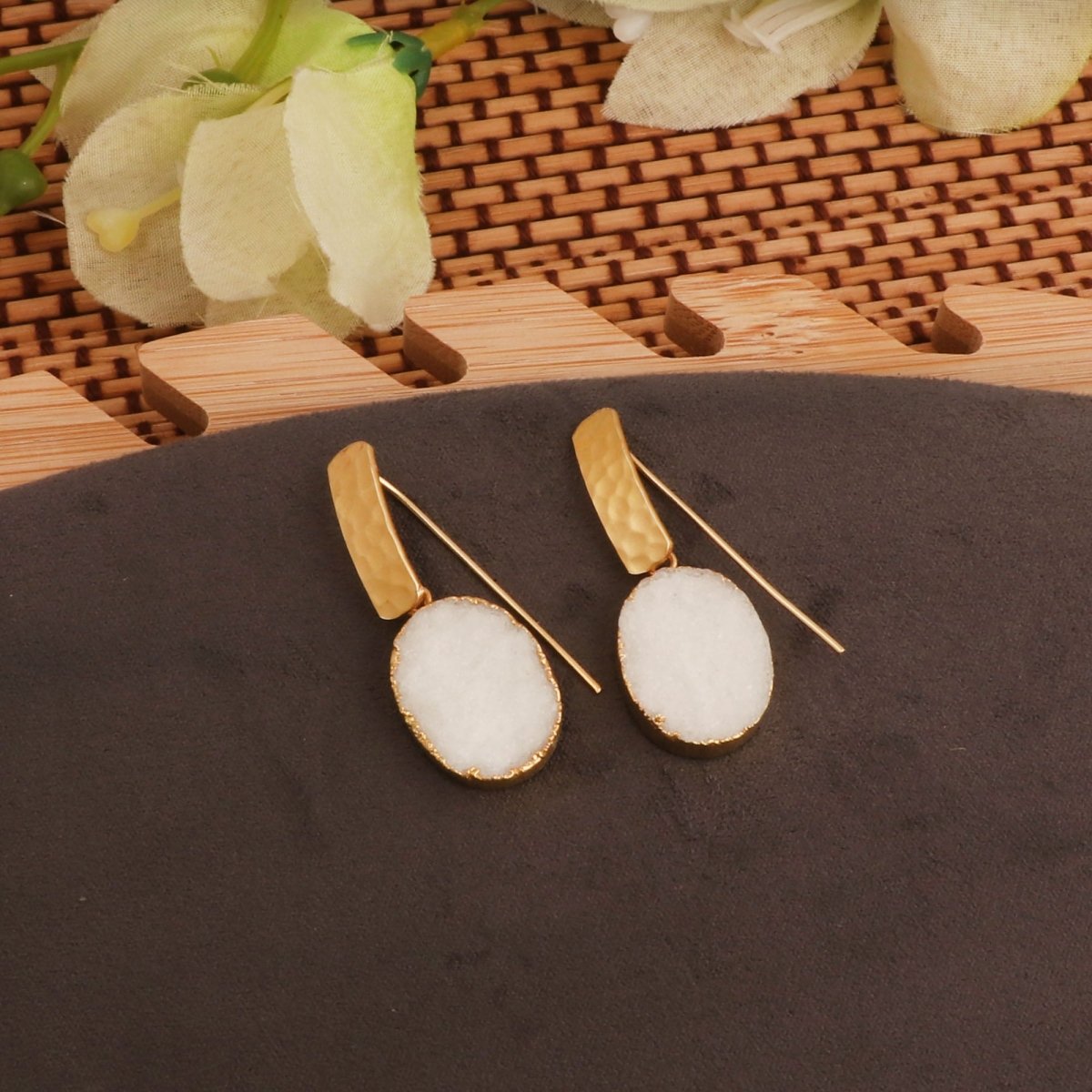 Blue Druzy Gemstone Hammered Gold Plated Drop Earrings 5072