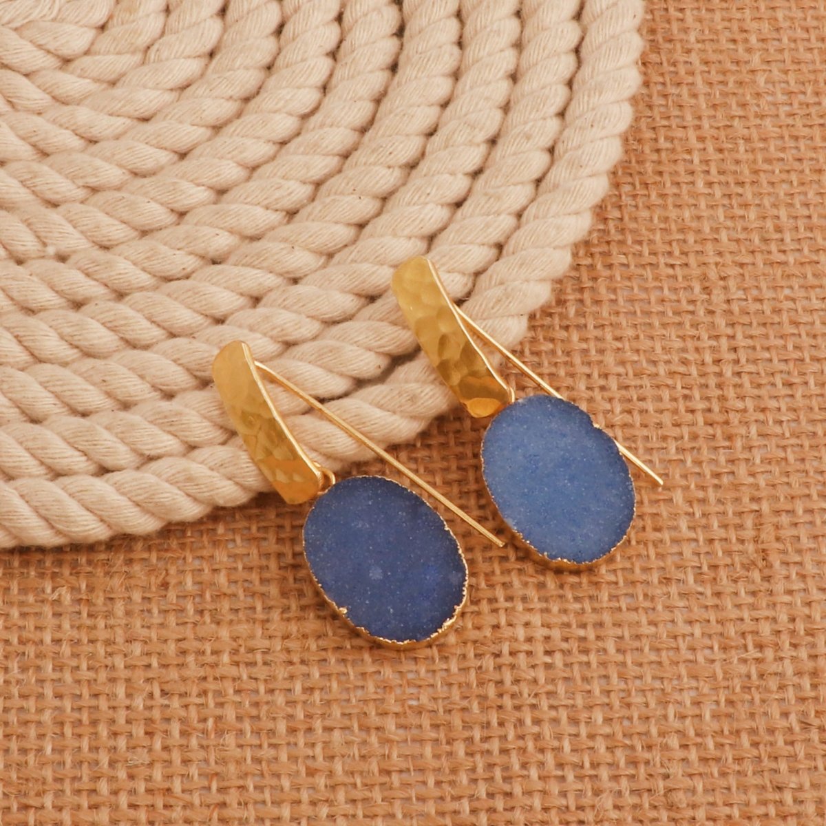 Blue Druzy Gemstone Hammered Gold Plated Drop Earrings 5072