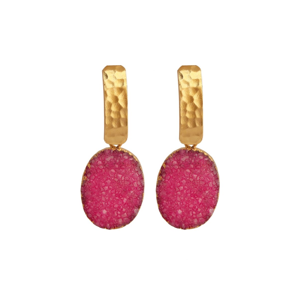 Blue Druzy Gemstone Hammered Gold Plated Drop Earrings 5072