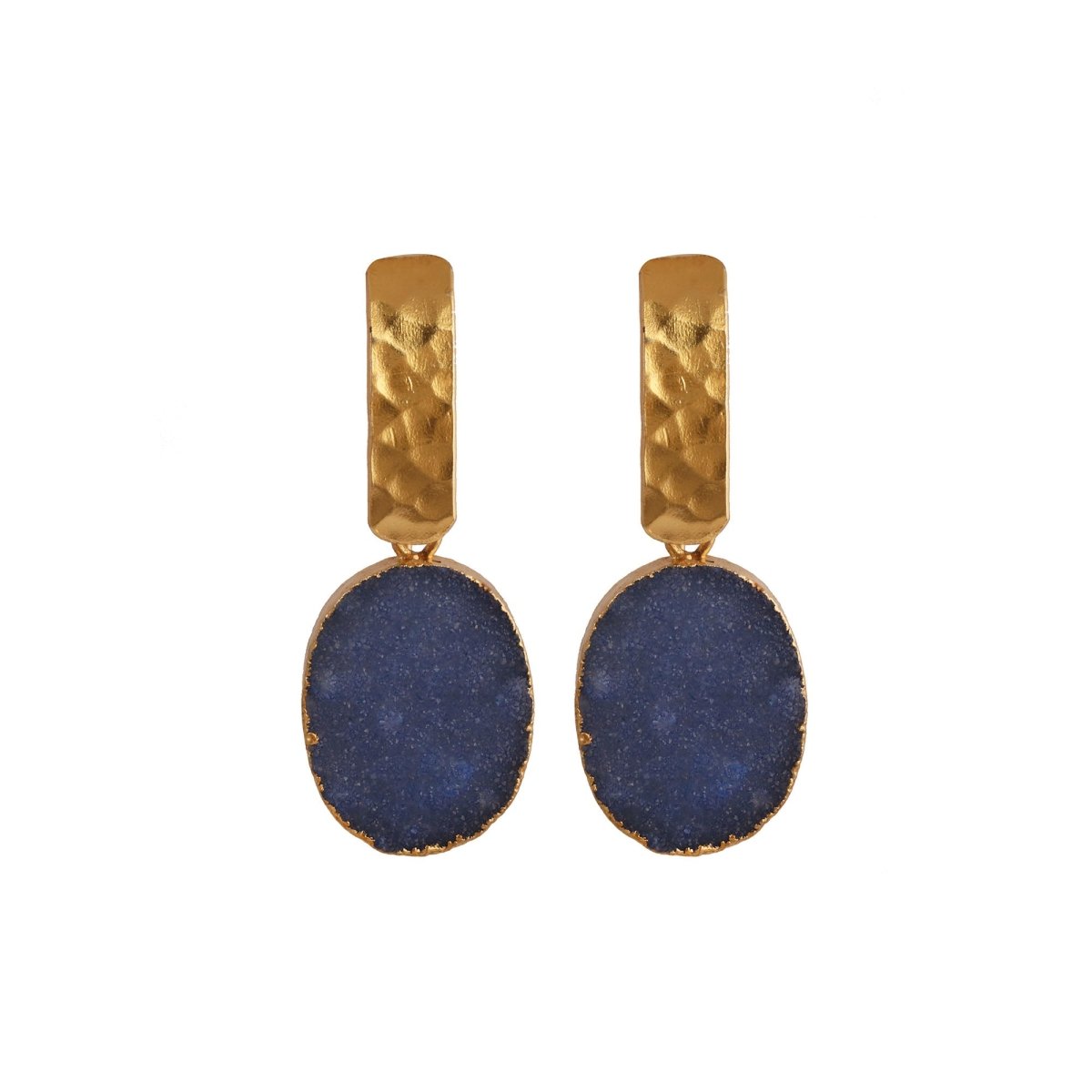 Blue Druzy Gemstone Hammered Gold Plated Drop Earrings 5072