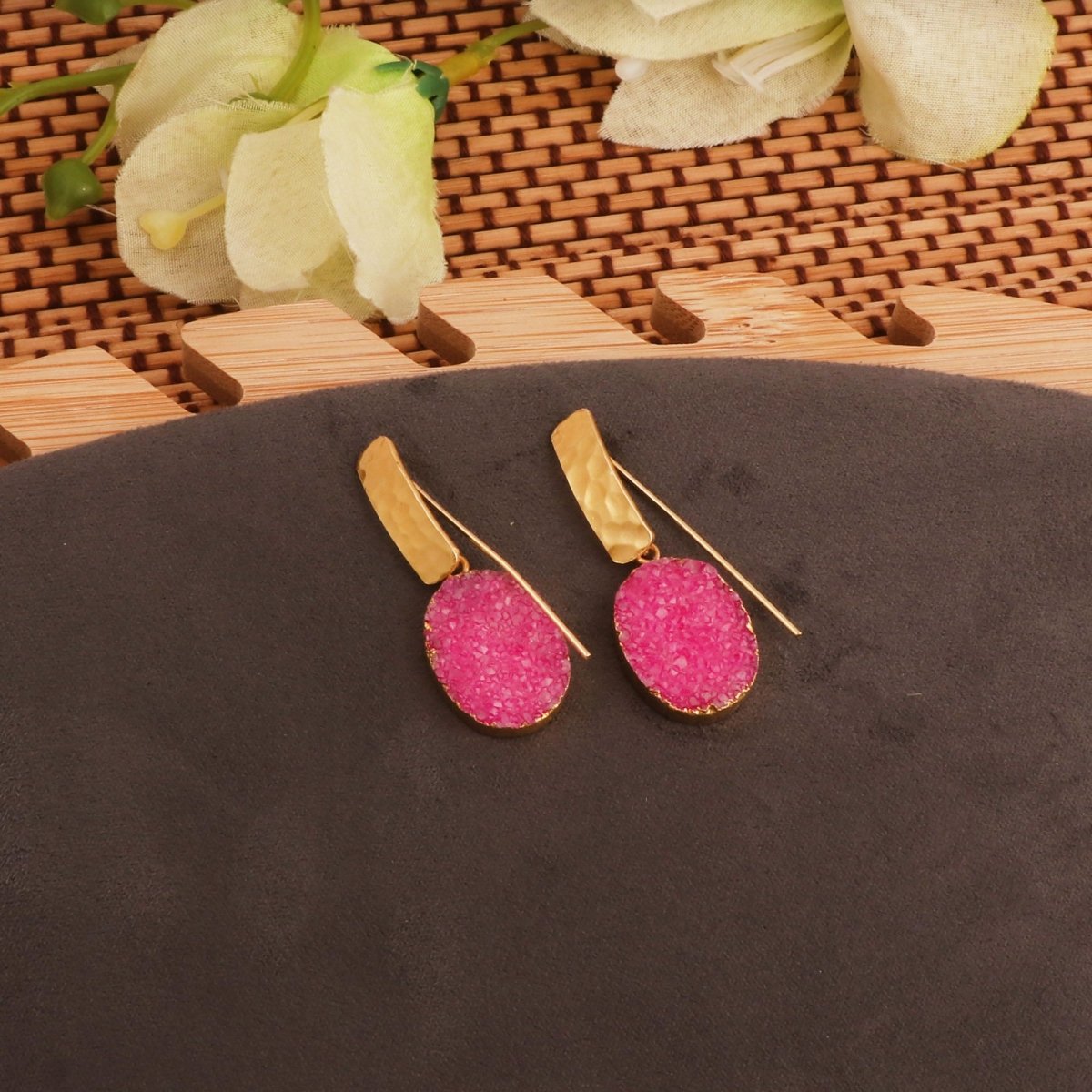 Blue Druzy Gemstone Hammered Gold Plated Drop Earrings 5072