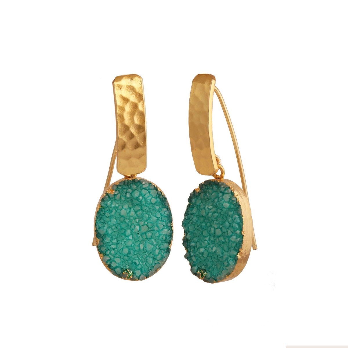 Blue Druzy Gemstone Hammered Gold Plated Drop Earrings 5072