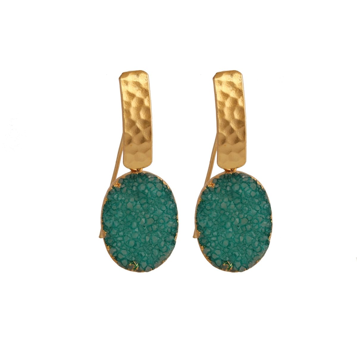 Blue Druzy Gemstone Hammered Gold Plated Drop Earrings 5072