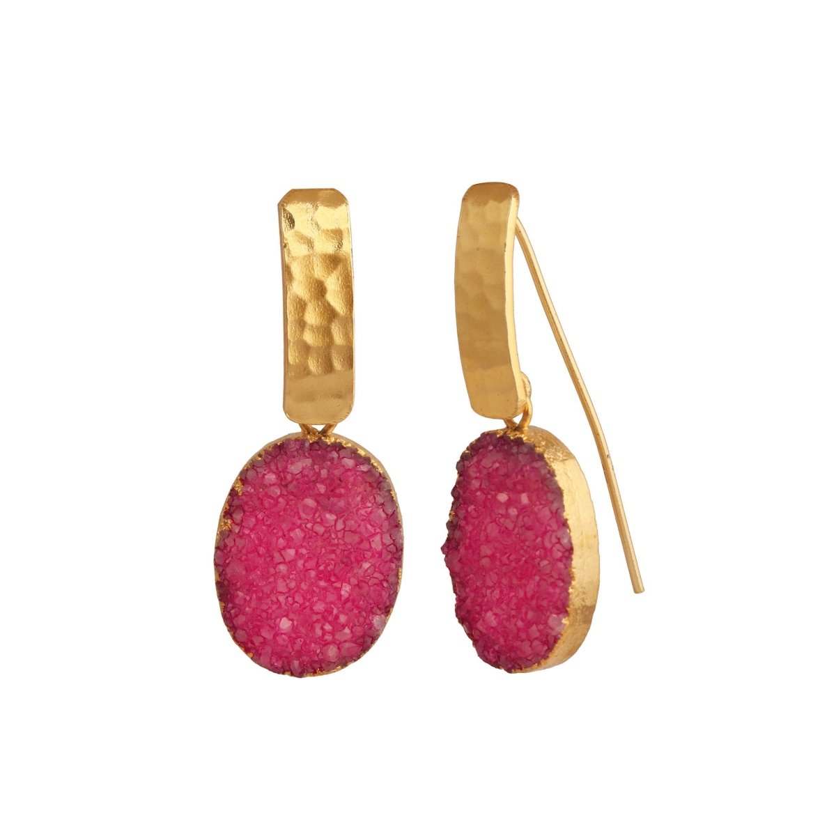 Blue Druzy Gemstone Hammered Gold Plated Drop Earrings 5072