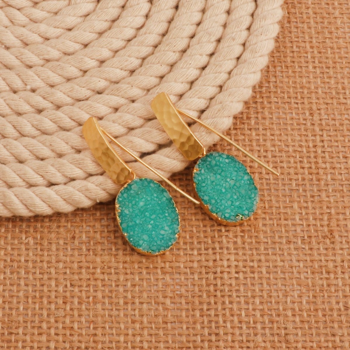 Blue Druzy Gemstone Hammered Gold Plated Drop Earrings 5072