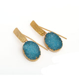Blue Druzy Gemstone Hammered Gold Plated Drop Earrings 5072