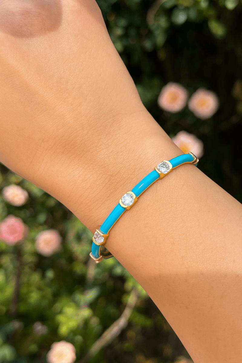 Blue Enamel Aesthetic Bangle CZ Gemstone Bangle Adjustable Gold Plated Jewelry