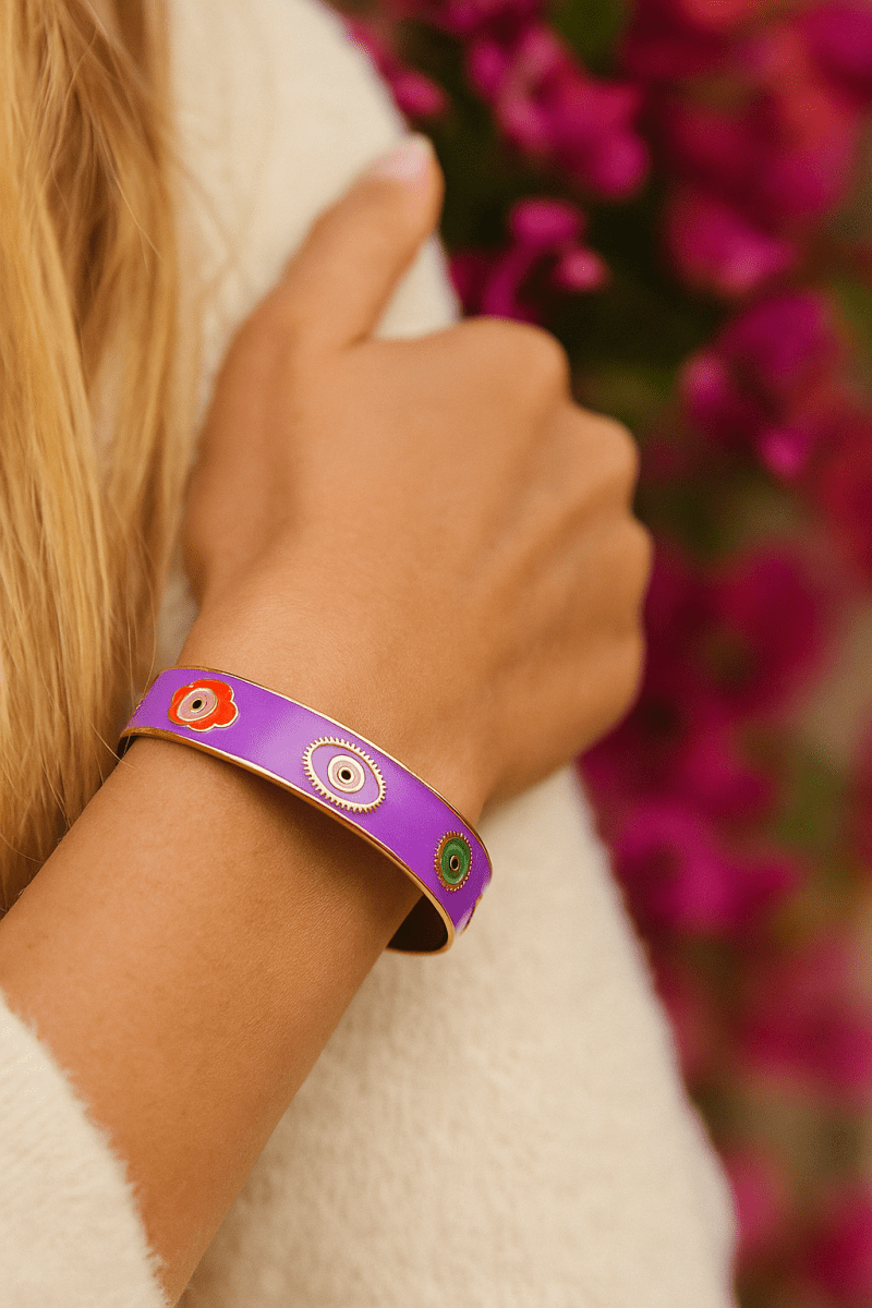Blue Enamel Bangle Hamsa Cuff Bracelet Gold Plated Jewelry