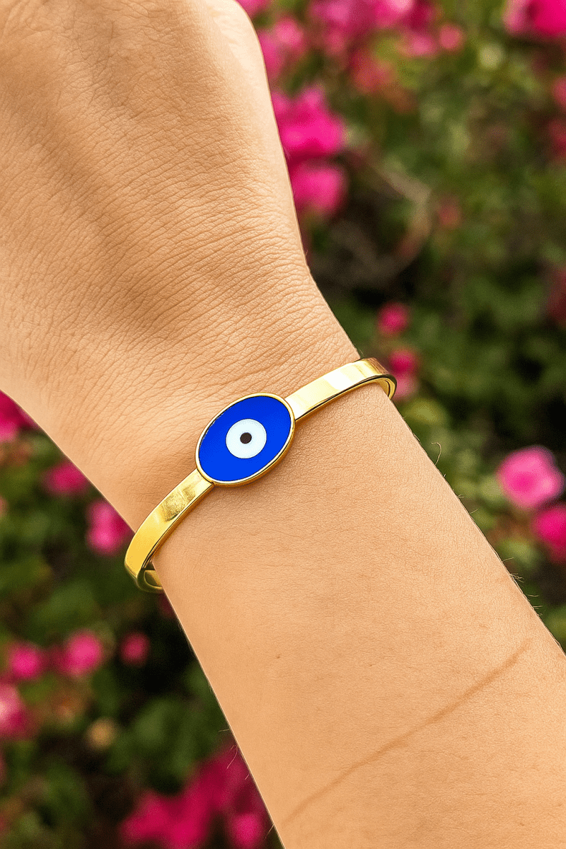 Blue Enamel Evil Eye Bangle Adjustable Gold Plated Jewelry For Her
