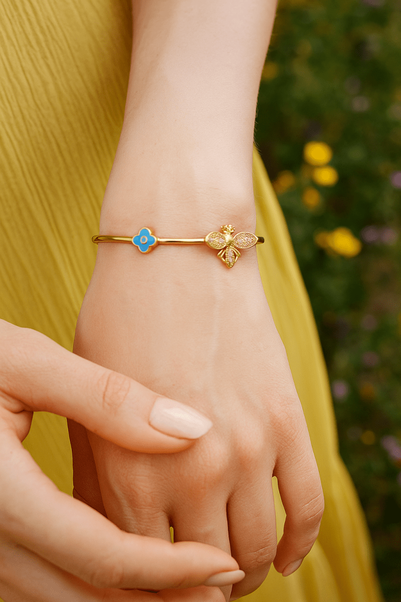 Blue Enamel Flower Charm Bangle Gold Plated Jewelry