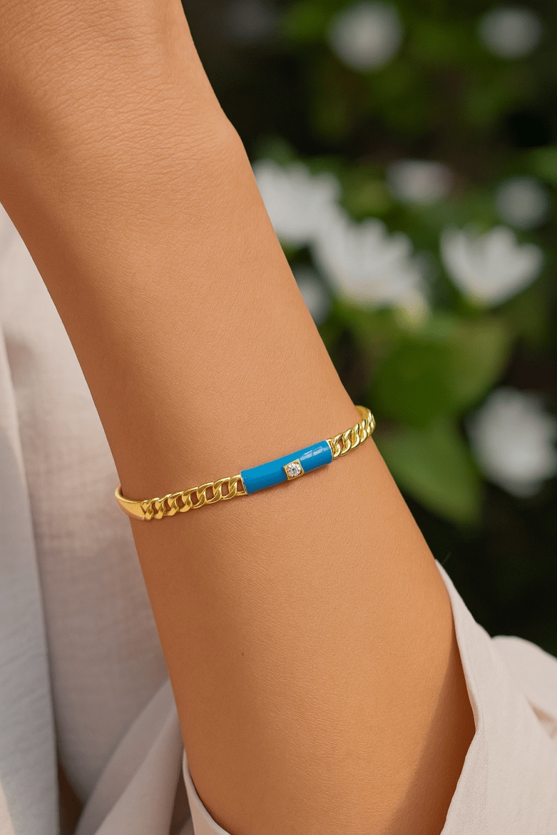 Blue Enamel With Cubic Zircon Bangle Aesthetic Gold Plated Jewelry For Her