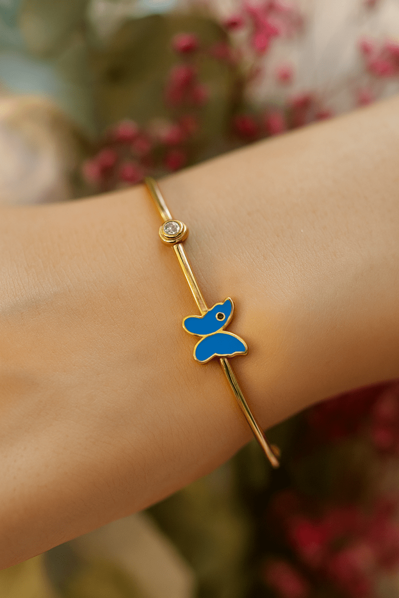 Blue Enameled Butterfly Bangle Gold Plated Adjustable Jewelry