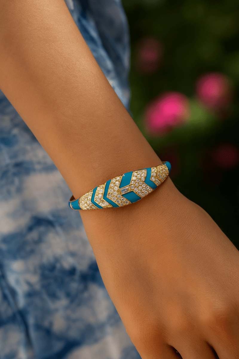 Blue Enameled With Multi CZ Gemstone Bangle Adjustable Gold Plated Jewelry