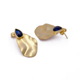 Blue Sapphire Hydro Quartz Stone Earrings, Gold Plated Hammered Design Stud Earring